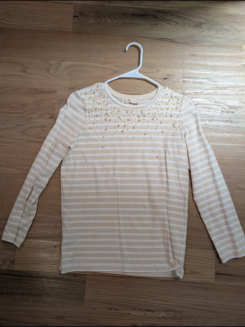 Tory Burch Cream and White Striped Long-Sleeve Tee with Pearl Beads Size S